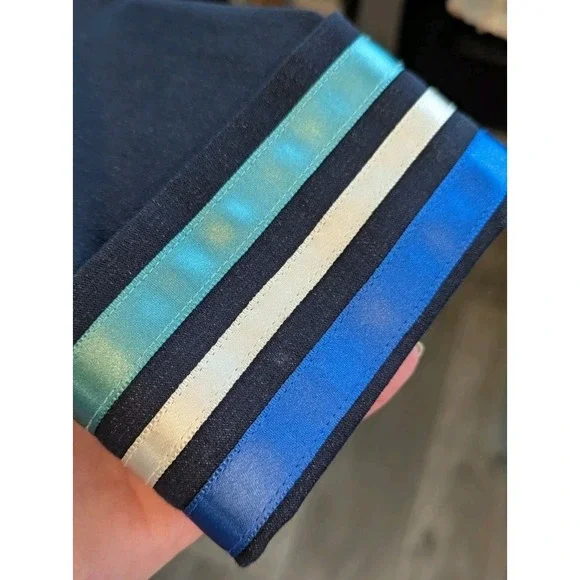 St John Marie Gray jacket S 3/4 Sleeve Full Zip Navy Blue Striped Trim Pockets